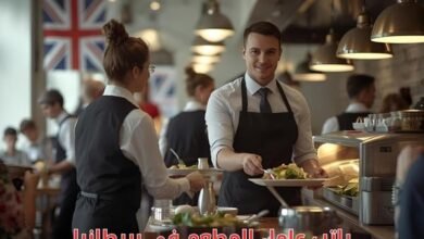راتب عامل المطعم في بريطانيا – موظفون يعملون كنادل وطباخ وموظف استقبال في مطعم حديث