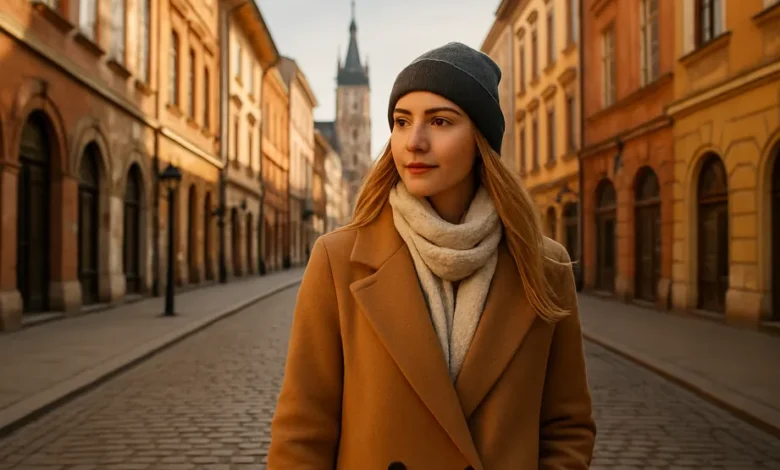 معلومات عن نساء بولندا - امرأة بولندية شابة تمشي في شارع قديم بمدينة وارسو مع مبانٍ أوروبية دافئة في الخلفية.