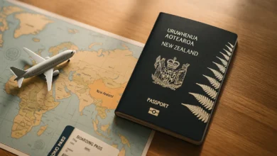 صورة لاندسكيب لجواز سفر نيوزيلندي على مكتب خشبي بجانب خريطة نيوزيلندا وعناصر سفر، تُستخدم لتوضيح عملية التقديم على فيزا نيوزيلندا 2025.