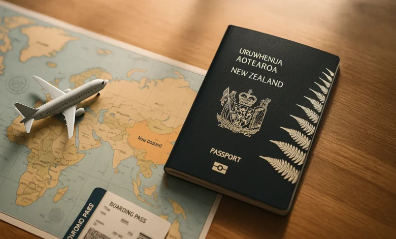 صورة لاندسكيب لجواز سفر نيوزيلندي على مكتب خشبي بجانب خريطة نيوزيلندا وعناصر سفر، تُستخدم لتوضيح عملية التقديم على فيزا نيوزيلندا 2025.