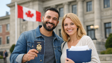 مزوجان مبتسمان أمام مبنى حكومي كندي يحملان جواز سفر ومستندات رسمية، يمثلان مميزات الزواج من كندية.