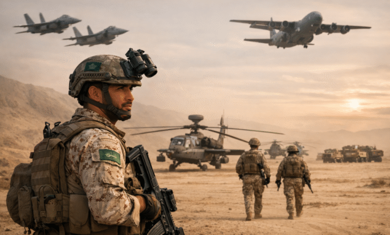 صورة لعسكري سعودي في الزي الرسمي، يقف بثقة أمام طائرات مروحية وطائرات مقاتلة في قاعدة عسكرية، مع إظهار معدات الجيش والبدلات الرسمية – راتب العسكري السعودي.